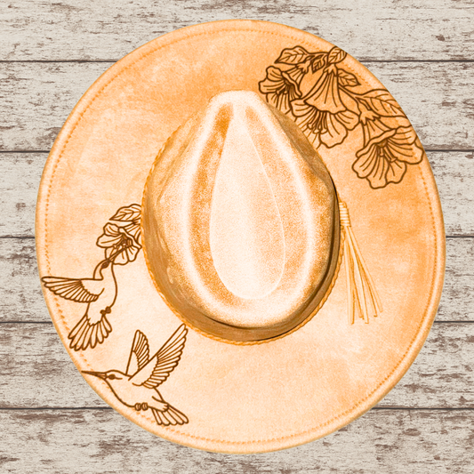 Laser Burned Wide Brim Hat - Spring Hummingbirds