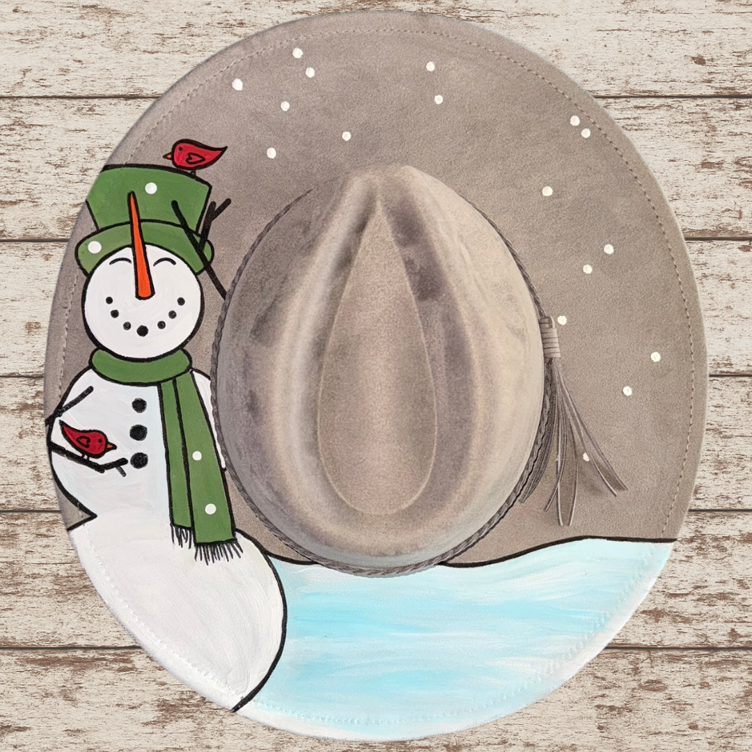 Laser Burned Wide Brim Hat - Smiling Snowman