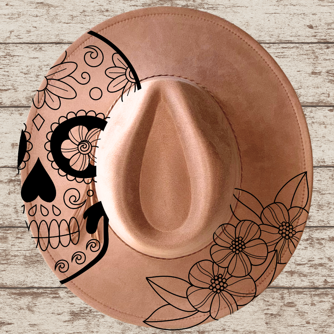 Laser Burned Wide Brim Hat - Sugar Skull