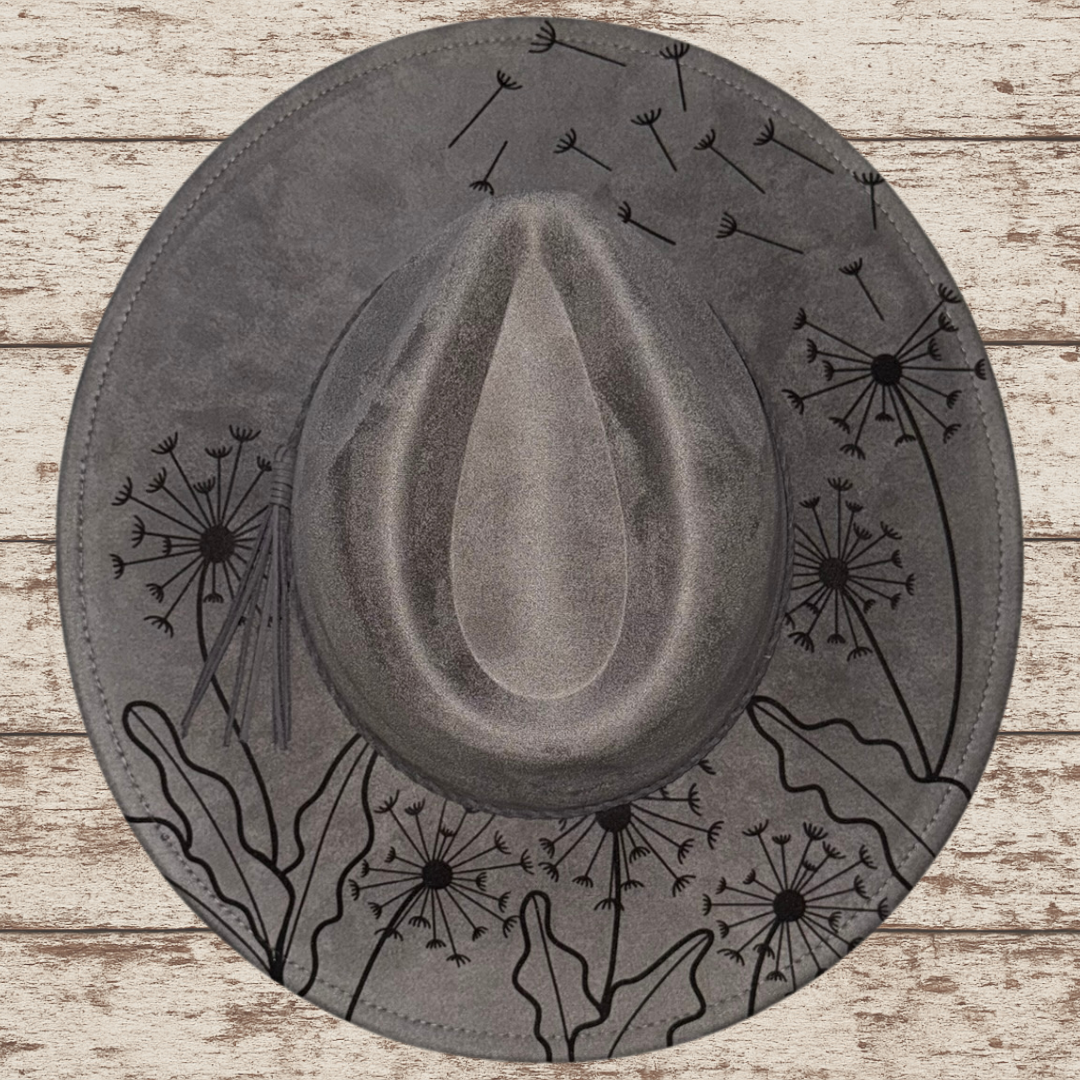 Laser Burned Wide Brim Hat - Dandelions