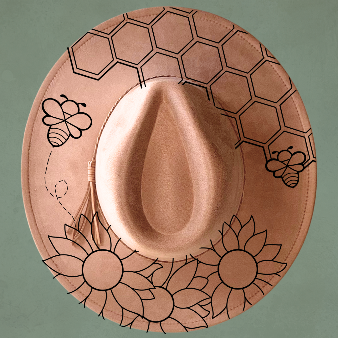 Laser Burned Wide Brim Hat - Honeybee Sunflower