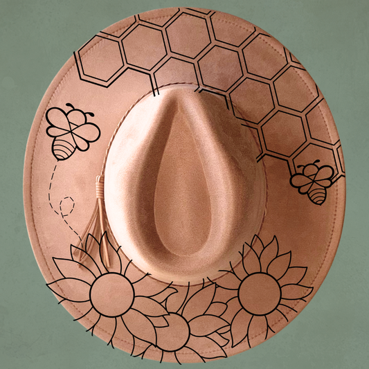 Laser Burned Wide Brim Hat - Honeybee Sunflower